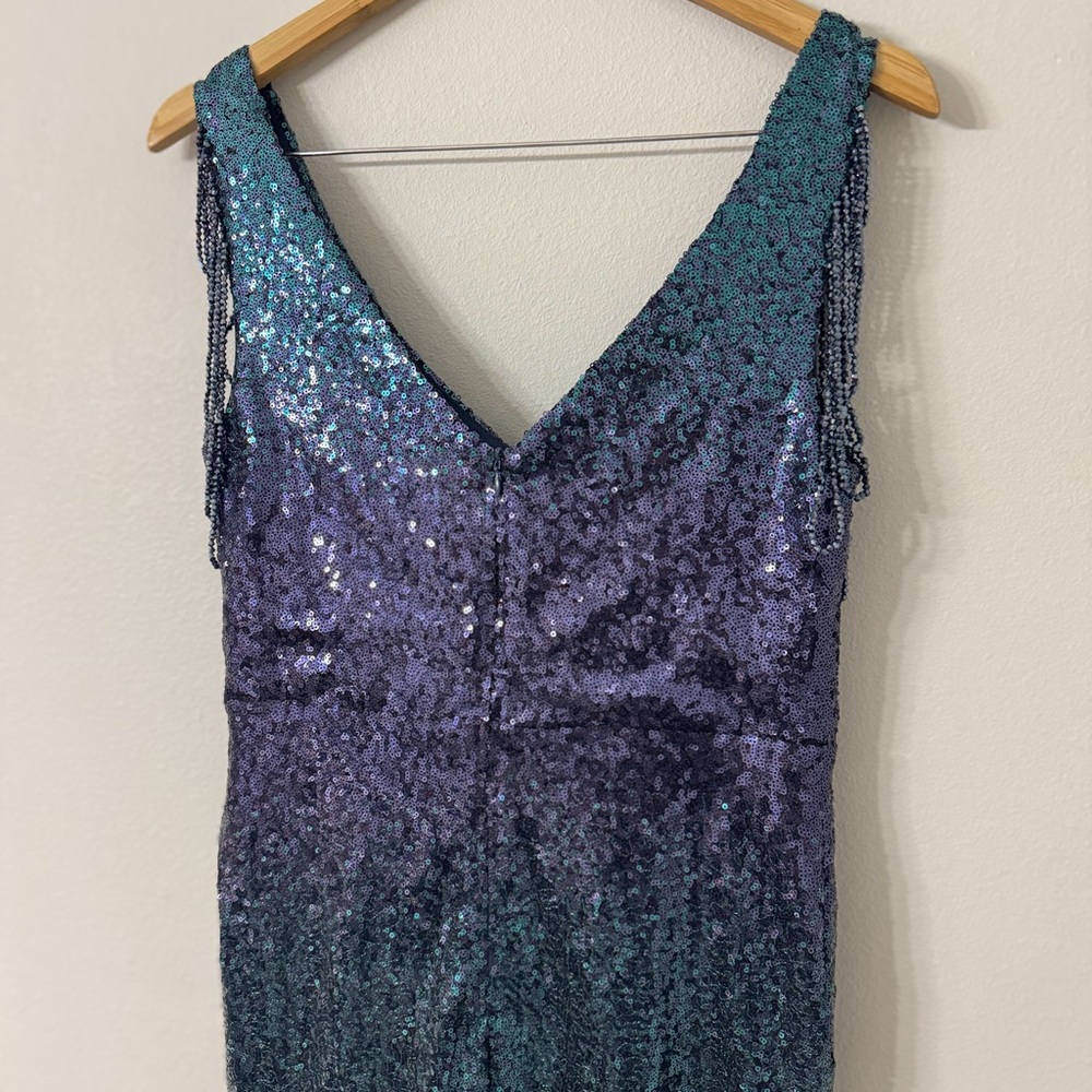 Emerald Navy Ombre Sequin Mermaid Gown w/ Beaded Shoulder Fringe – Formal Dress - Picture 5 of 9